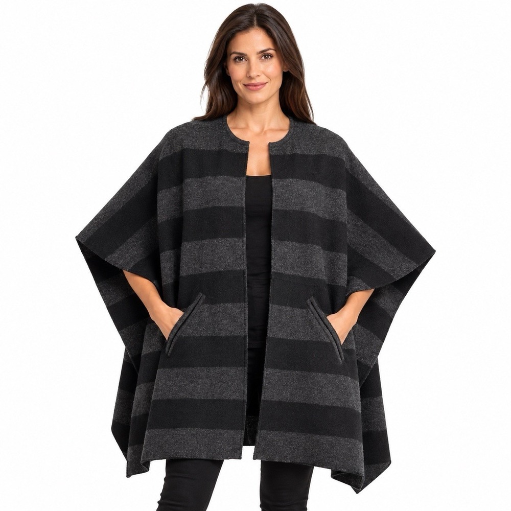 Eileen Fisher Poncho Shawl Sweater Womens Small/Medium Black/Gray Striped Wool